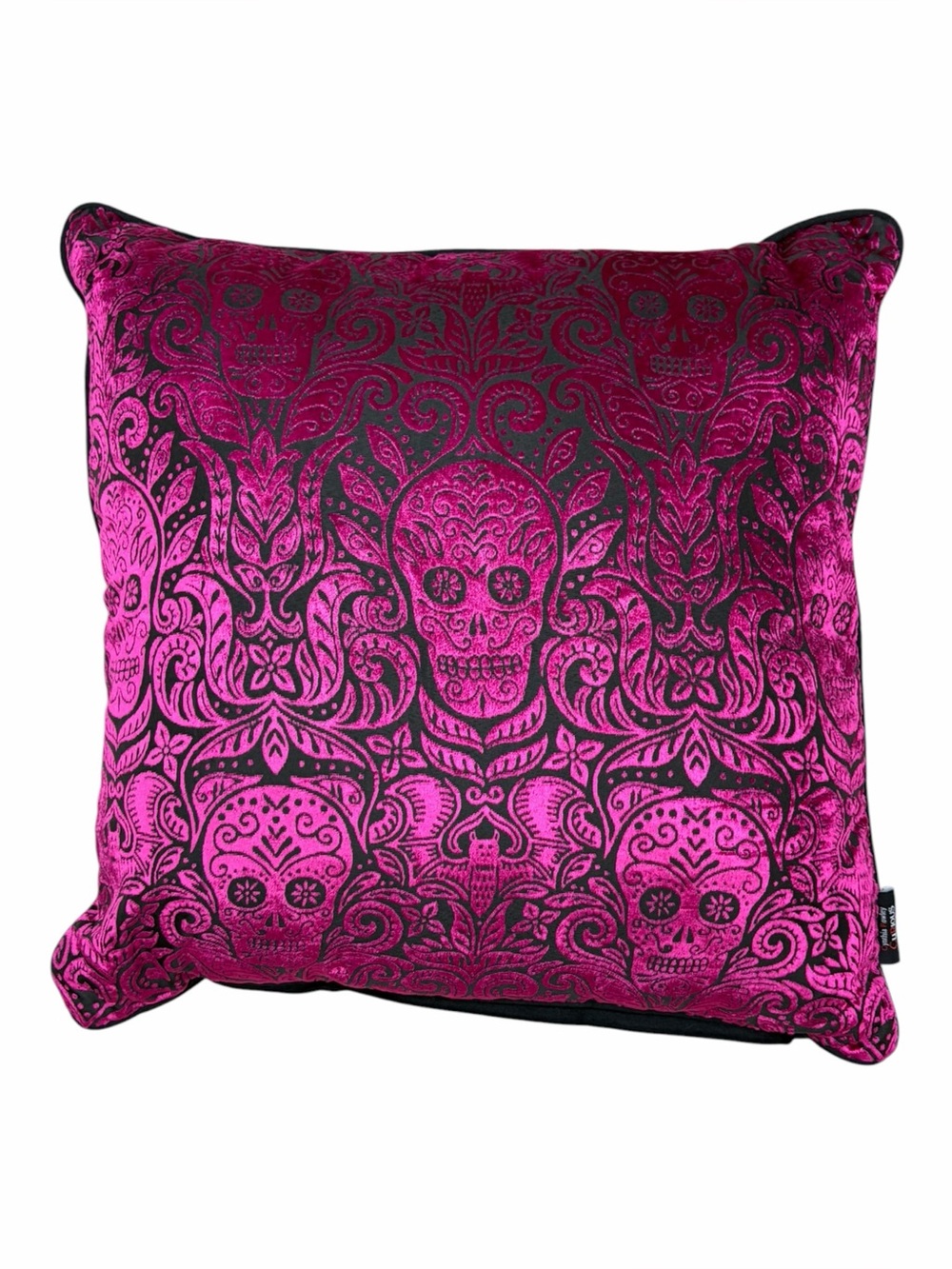 Cynthia Rowley Curious Pink Black Velvet Skull Throw Pillow 20x20 Halloween